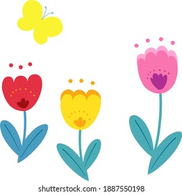 Ilustración de las flores primaverales Tulipanes y mariposa