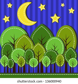 Illustration of spring forest at night, dashed style