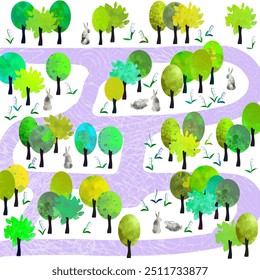 Illustration with a spring forest with trees and animals