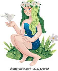 illustration spring girl by March 8 in a wreath with a white bird on her arm in a clearing