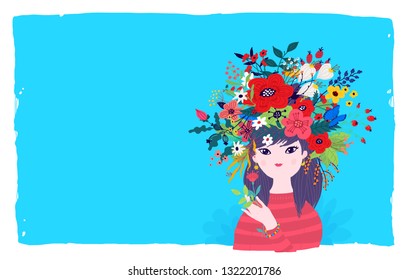Illustration of a spring girl in a wreath of flowers on a blue background. Vector. Illustration for banner, greeting card. Picture for March 8 and Mother's Day. Cartoon style. The image of summer.