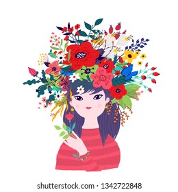 Illustration of a spring girl in a wreath of flowers. Vector. Illustration for banner, greeting card. Picture for March 8 and Mother's Day. Cartoon style. The image of summer and spring. Summer image.