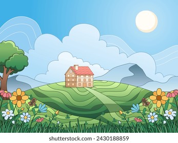	
Illustration of a spring hill with a house sitting atop a lush green hill, surrounded by blooming flowers, with mountains in the background	