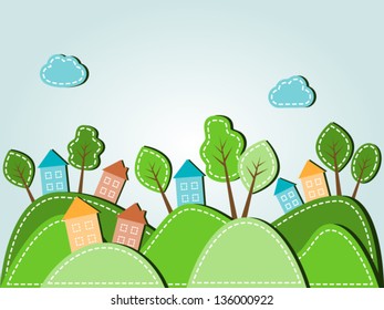 Illustration of spring hilly landscape with houses, dashed style