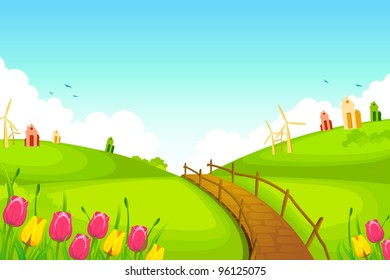 illustration of spring landscape with flowers and huts