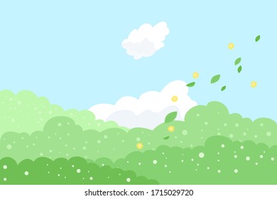 Illustration of a spring landscape with green trees.