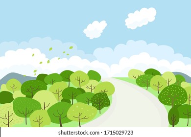 Ilustración de un paisaje primaveral con árboles verdes.