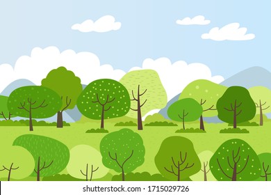 Illustration of a spring landscape with green trees.