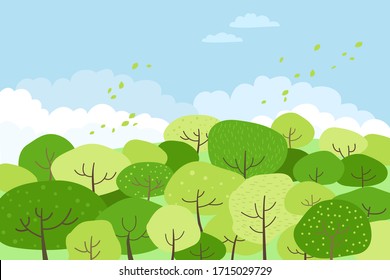 Illustration of a spring landscape with green trees.