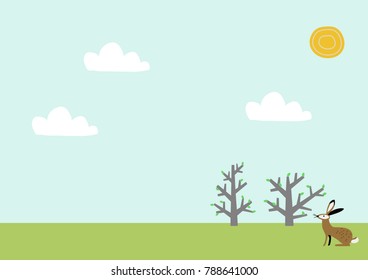 Illustration of spring landscape. An image of the season. Illustration for the calendar.
Image illustration of the four seasons.
Image of rabbit and spring grassland.
