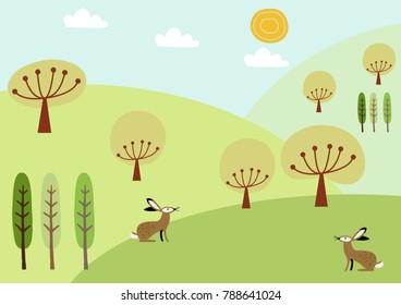 Illustration of spring landscape. An image of the season. Illustration for the calendar.
Image illustration of the four seasons.
Image of rabbit and spring grassland.