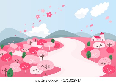 Illustration of a spring landscape with pink flower trees.