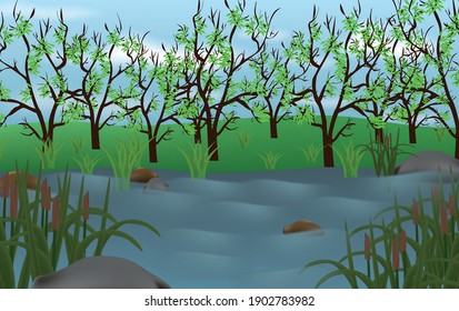 
illustration spring landscape, river with reeds, stones in water, trees and bushes, sky with clouds