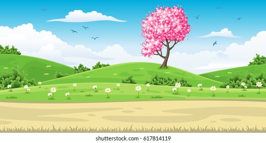 Illustration of a spring landscape with tree
