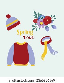  Ilustración Primavera Amor con sombrero, suéter, bufanda y flores
