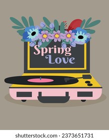  Illustration Spring Love with Vintage Record Player and Flowers