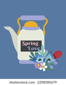 Illustration Spring Love with Vintage Teapot and Flowers