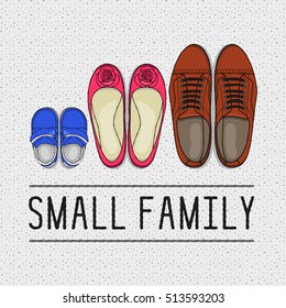 Illustration of spring men's, women's and children's shoes. Lettering small family