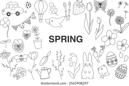 An illustration of spring motifs with distinctive hand drawn lines