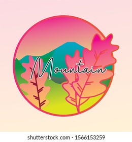 illustration of spring with mountains, grasses, leaves and sky blushing in a circle