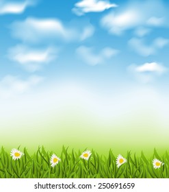 Illustration spring natural background with blue sky, clouds, grass field and flowers chamomiles - vector