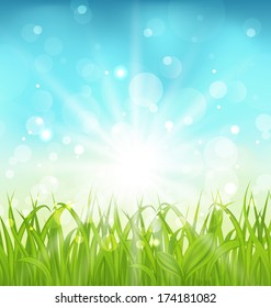 Illustration spring nature background with grass - vector