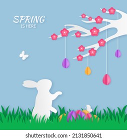 Illustration of spring in paper cut style. Vector with rabbit and easter egg. Can be used for many purposes. Holiday template with text Happy Easter for greeting card.