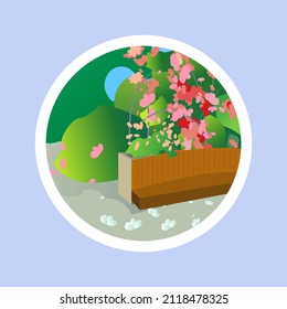 Illustration des Frühlingsparks mit blühenden Bäumen und Bank für Banner, Website, soziale Medien. Bearbeitbare Vektorgrafik mit Sommercampingplatz, Übernachtung bei Feuer im Zelt