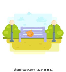 ilustración de la primavera en el parque - un gato en un banco