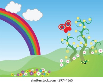 Illustration of a spring scene with a rainbow, flowers, a butterfly, and trees set against rolling green grassy hills.