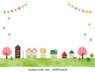 Illustration of spring scenery, frame of cityscape