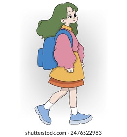illustration of spring school activities starting, a beautiful girl, a student, is walking to school