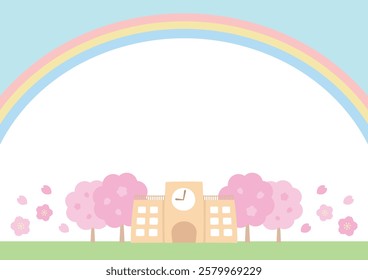 An illustration of a spring school with a background of cherry blossoms and a rainbow.