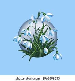 Ilustración de flores de nevada primaverales en marco redondo con fondo azul
