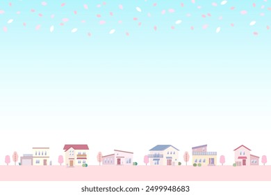 Illustration of a spring street scene with dancing cherry blossoms A residential area lined with houses