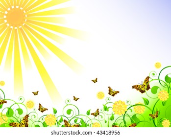 illustration of spring theme with swirls, butterfly, foliage, sun and copy-space for your text