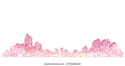 Illustration of a spring townscape with cherry blossoms in bloom.