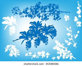 illustration with spring tree blossom branches on blue background