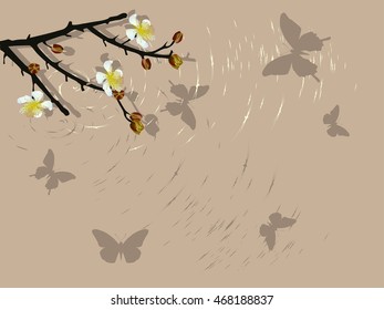 ilustración con rama y mariposas en floración de árboles primaverales