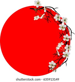 illustration with spring tree blossoming branch in red circle isolated on white background