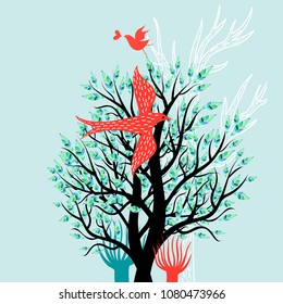 Illustration of a spring tree and enamored birds on a light background