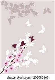 ilustración con ramas y mariposas rosadas de árbol de primavera