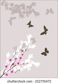 illustration with spring tree pink blossoming branches and butterflies