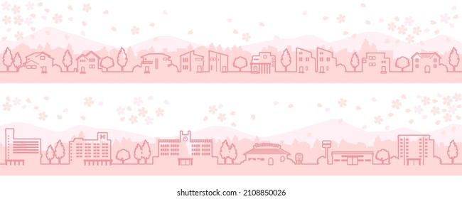 Illustration of the springtime townscape with blooming cherry blossoms (line drawing)