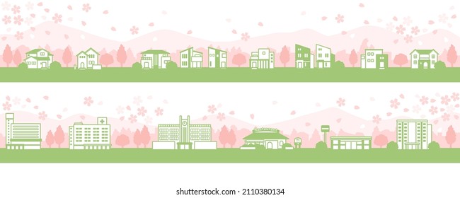 Illustration of the springtime townscape with blooming cherry blossoms