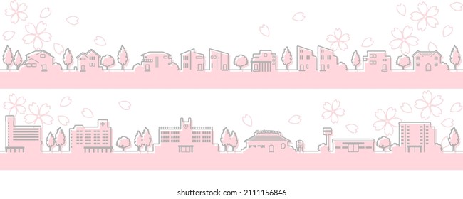 Illustration of the springtime townscape with blooming cherry blossoms (line drawing)