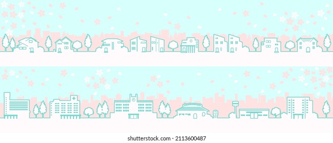 Illustration of the springtime townscape with blooming cherry blossoms (line drawing)