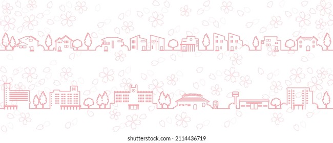 Illustration of the springtime townscape with blooming cherry blossoms (line drawing)