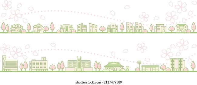 Ilustración del paisaje de primavera con flores de cerezo florecientes (dibujo de líneas)