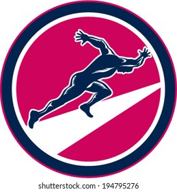 Illustration of a sprinter runner running of the blocks viewed from side set inside circle done in retro woodcut style on isolated white background.